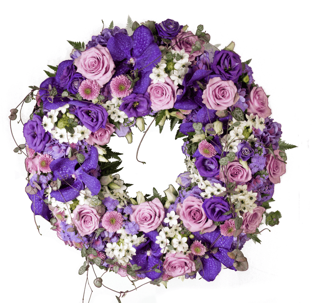 Blomsterkrans i blått, lilla & hvit til begravelse