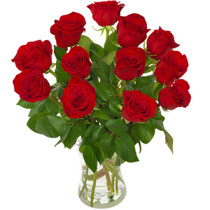 12 røde roser bukett håndbundet og klar til vasen