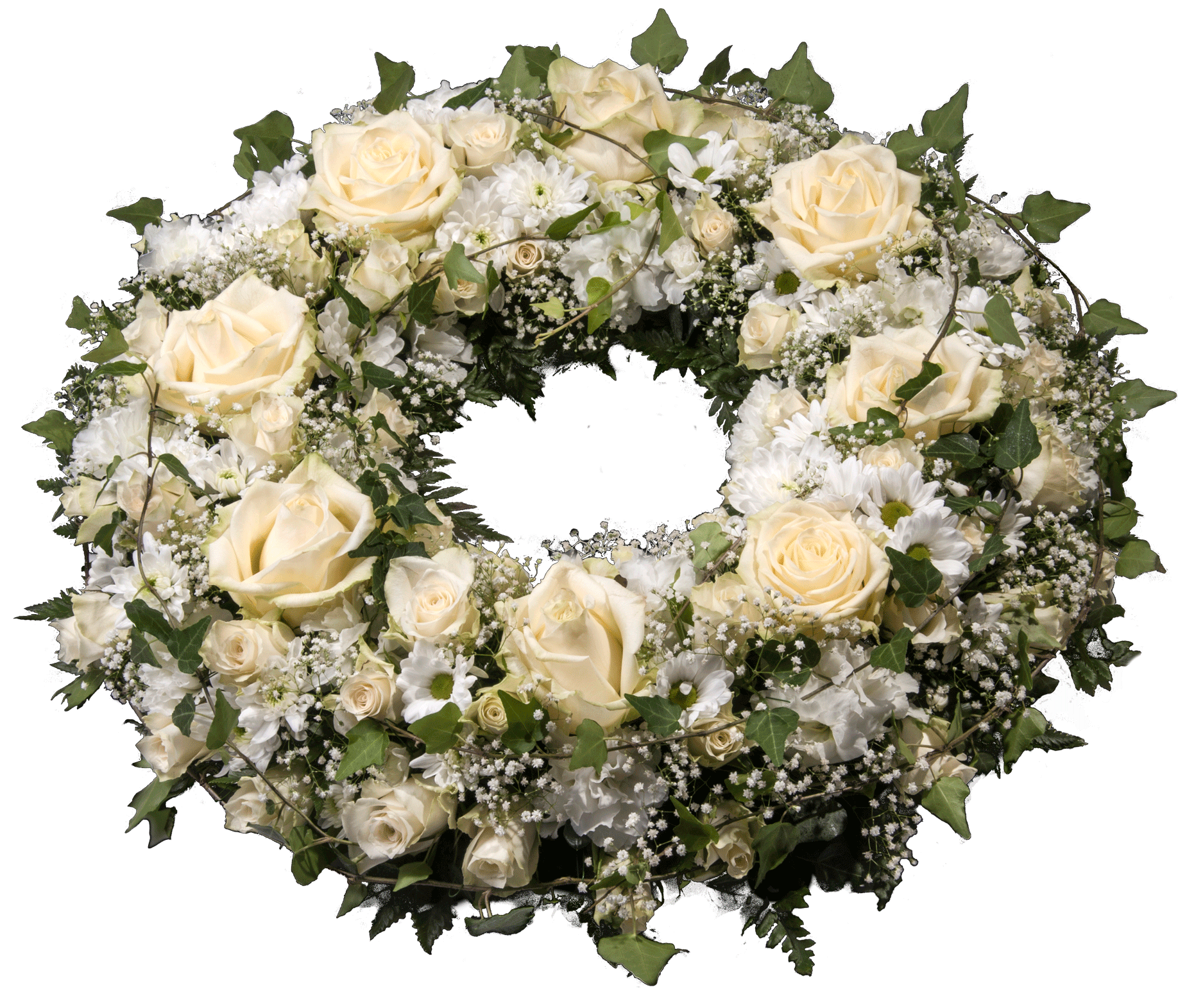 Krans KR 01 – blomsterkrans i hvitt og grønt